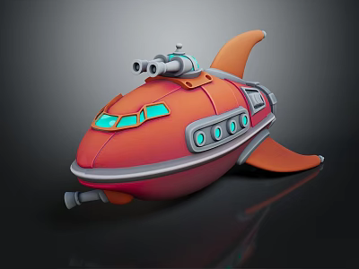 Shark Shaped Submarine 3D Model with Orange Red Body Blue Windows and Periscope 3d model