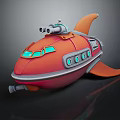 Shark Shaped Submarine 3D Model with Orange Red Body Blue Windows and Periscope