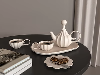White Ceramic Tea Set with Teapot Cups Tray on Black Table and Books Cookies 3d model