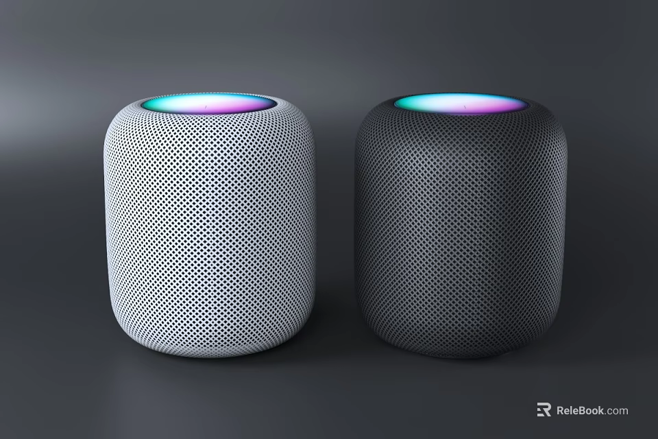 Two White And Black Cylindrical Smart Speakers With Colorful Light Rings On Top Modern Design 3d model 