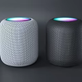 Two White And Black Cylindrical Smart Speakers With Colorful Light Rings On Top Modern Design