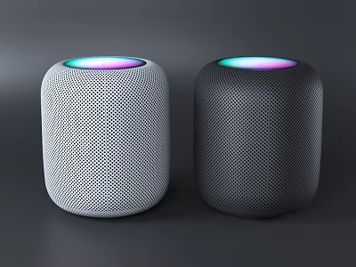 Two White And Black Cylindrical Smart Speakers With Colorful Light Rings On Top Modern Design 3d model