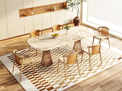 Modern Dining Table Set With Marble Top And Wooden Chairs In Bright Room With Plant 3d model
