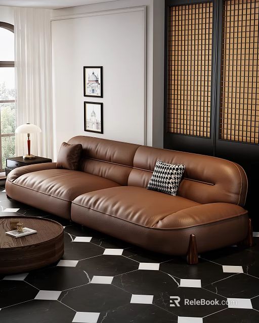 Brown Leather Double Sofa With Black And White Checkered Pillows And Round Wooden Coffee Table 3d model 