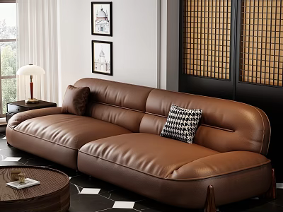 Brown Leather Double Sofa With Black And White Checkered Pillows And Round Wooden Coffee Table 3d model