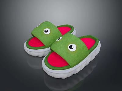 Comfortable Green Frog Design Slippers with White Soles and Red Inner Lining 3d model