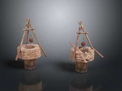 Traditional Woven Well Structures With Wooden Tripod Frame Rope Bucket And Stone Base 3d model