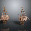 Traditional Woven Well Structures With Wooden Tripod Frame Rope Bucket And Stone Base