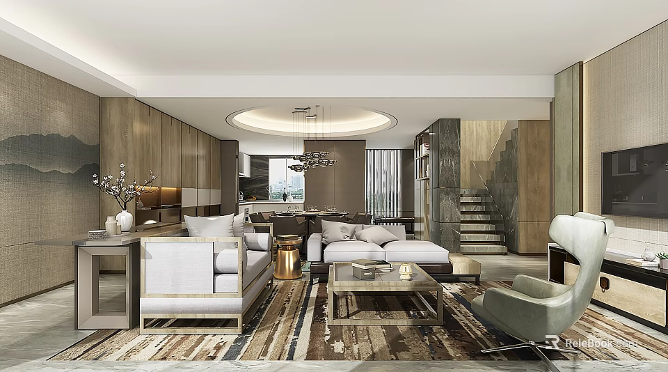 Modern Luxury Open Plan Living And Dining Room Interior Design With Elegant Comfortable Furnishings 3d model 