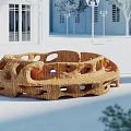 Hollowed-out Wooden Texture Landscape Seat in Outdoor Space with White Buildings and Trees
