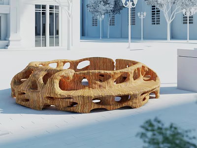 Hollowed-out Wooden Texture Landscape Seat in Outdoor Space with White Buildings and Trees 3d model