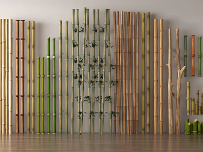 Various Colored Bamboo Stems With Leaves Arranged Along Light Colored Wall And Wooden Floor 3d model