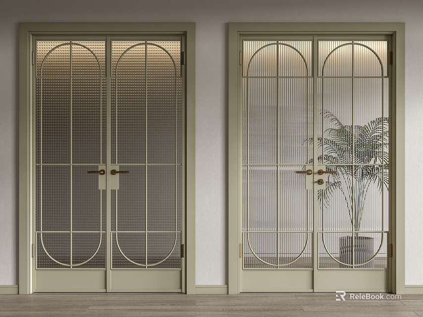 Light Green Double Doors With Grid Pattern Arched Top Glass Panels And Potted Plant 3d model 