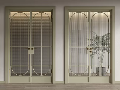 Light Green Double Doors With Grid Pattern Arched Top Glass Panels And Potted Plant 3d model