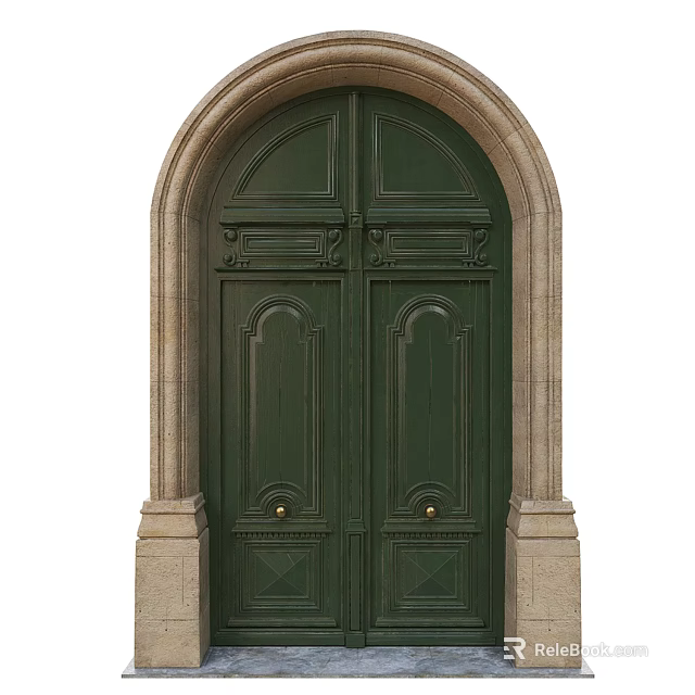 Green Double Doors With Ornate Carved Panels And Stone Arch Frame 3d model 