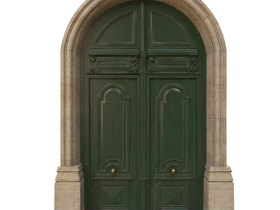 Green Double Doors With Ornate Carved Panels And Stone Arch Frame 3d model