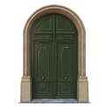 Green Double Doors With Ornate Carved Panels And Stone Arch Frame