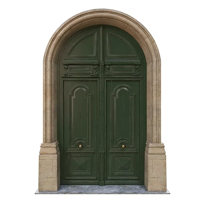 Green Double Doors With Ornate Carved Panels And Stone Arch Frame 3d model