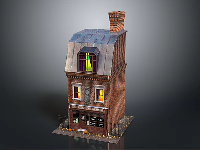 Two Story Brick Building With Chimney Gray Roof Stained Glass Yellow Light And Pumpkin Decorations 3d model