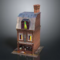 Two Story Brick Building With Chimney Gray Roof Stained Glass Yellow Light And Pumpkin Decorations