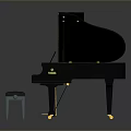 Black Grand Piano With Gold Accents And Wooden Stool Musical Instrument