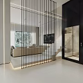 Duplex Living Room Interior Design With White Sofa Large TV Metal Strip Partition And Staircase