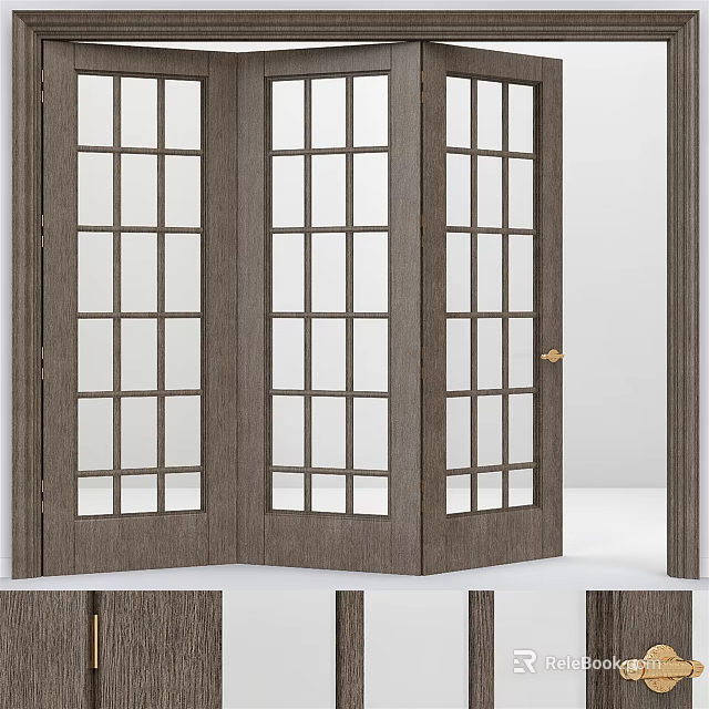 Modern Sliding Doors With Wooden Frame Glass Grid Panels And Brass Handle 3d model 