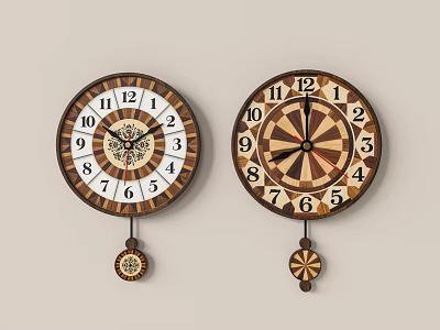 Wall Mounted Wooden Clocks With Numeric Dials And Decorative Pendulums 3d model