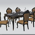 Classic Dark Wood Dining Table Set With 6 Light Upholstered Chairs And Dinnerware Candle Holders