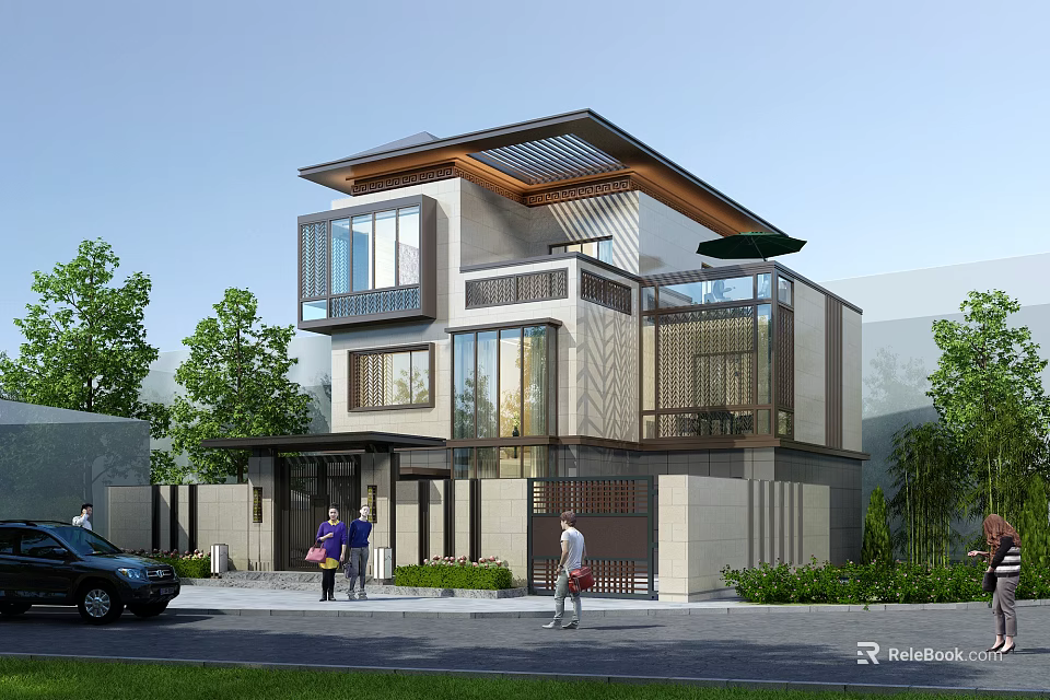 Modern Detached Villa Exterior With Large Windows Balcony And Greenery Surroundings 3d model 