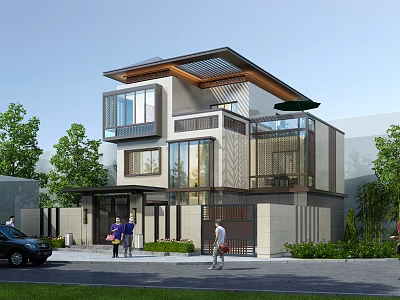 Modern Detached Villa Exterior With Large Windows Balcony And Greenery Surroundings 3d model