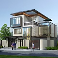 Modern Detached Villa Exterior With Large Windows Balcony And Greenery Surroundings