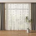 Dark Gray And White Sheer Double Layer Curtains At Window With Wooden Floor And Plant