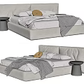 Modern Minimalist Double Bed With Upholstered Headboard Pillows Blanket And Side Table 3d model