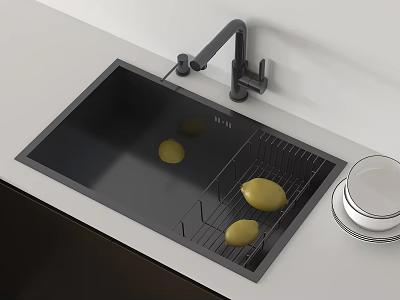 Black Kitchen Sink With Drying Rack Yellow Fruits And Faucet On Light Countertop 3d model
