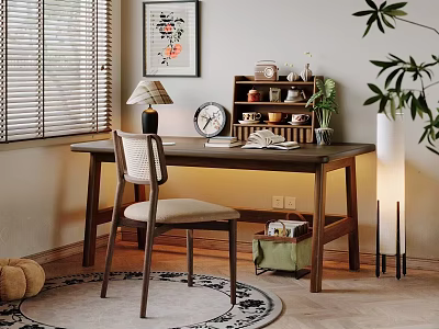 Cozy Home Office Desk With Chair Table Lamp Clock Books Wall Art And Plants 3d model
