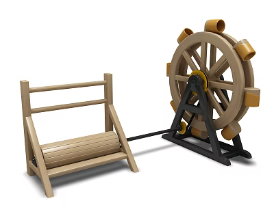 Decorative Garden Ornament Featuring Wooden Water Wheel With Yellow Rims Black Stand And Adjacent Structure 3d model