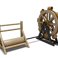 Decorative Garden Ornament Featuring Wooden Water Wheel With Yellow Rims Black Stand And Adjacent Structure