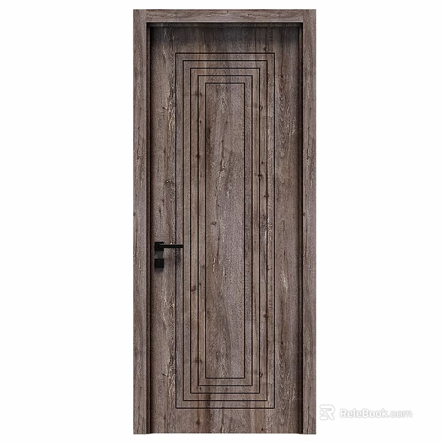 Simple Wooden Interior Door With Natural Wood Grain And Black Handle Design 3d model 