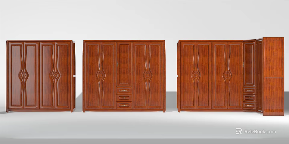 Three Classic Wooden Wardrobes With Carved Patterns And Drawer Storage Compartments 3d model 