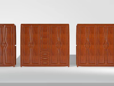 Three Classic Wooden Wardrobes With Carved Patterns And Drawer Storage Compartments 3d model