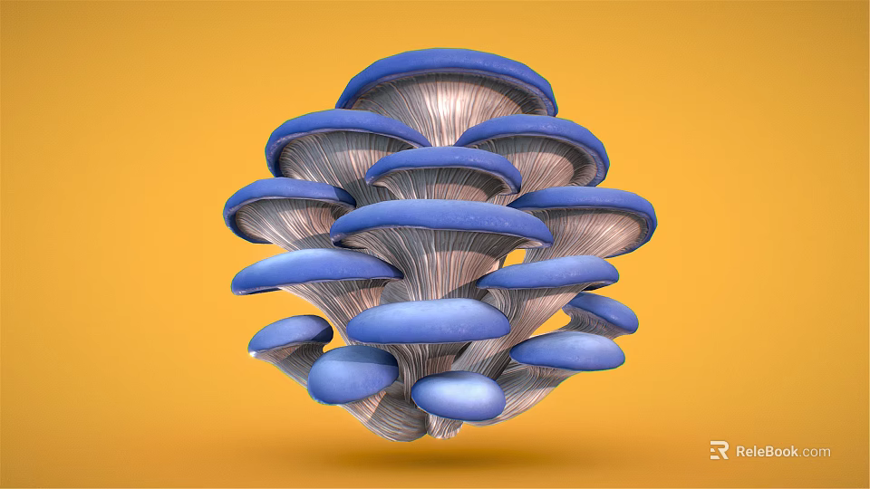Vibrant Blue Oyster Mushrooms Cluster on Bright Yellow Background Fresh Vegetable 3d model 