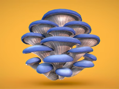 Vibrant Blue Oyster Mushrooms Cluster on Bright Yellow Background Fresh Vegetable 3d model
