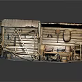 Cartoon Scene of Wooden Shed Interior with Tools Hanging Baskets Ladder and Wooden Buckets