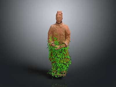 Ancient Terracotta Warrior Statue With Green Plants Covering Lower Body Section 3d model
