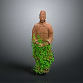 Ancient Terracotta Warrior Statue With Green Plants Covering Lower Body Section