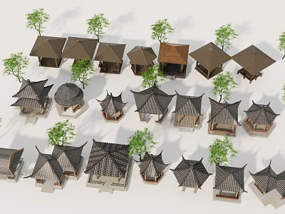 Traditional Style Small Houses with Various Roof Designs Surrounded by Green Trees 3d model