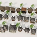Traditional Style Small Houses with Various Roof Designs Surrounded by Green Trees