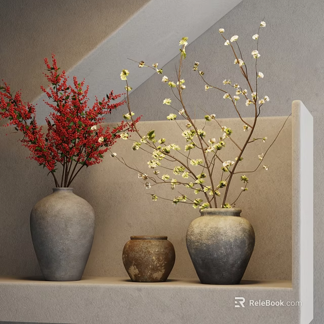 Rustic Ceramic Vases With Red Blooms And White Flowers On Display Shelf 3d model