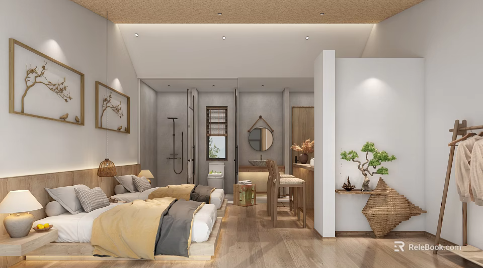 Cozy Hotel Guest Room With Comfortable Bed Decorative Paintings Wooden Flooring And Green Plant 3d model 